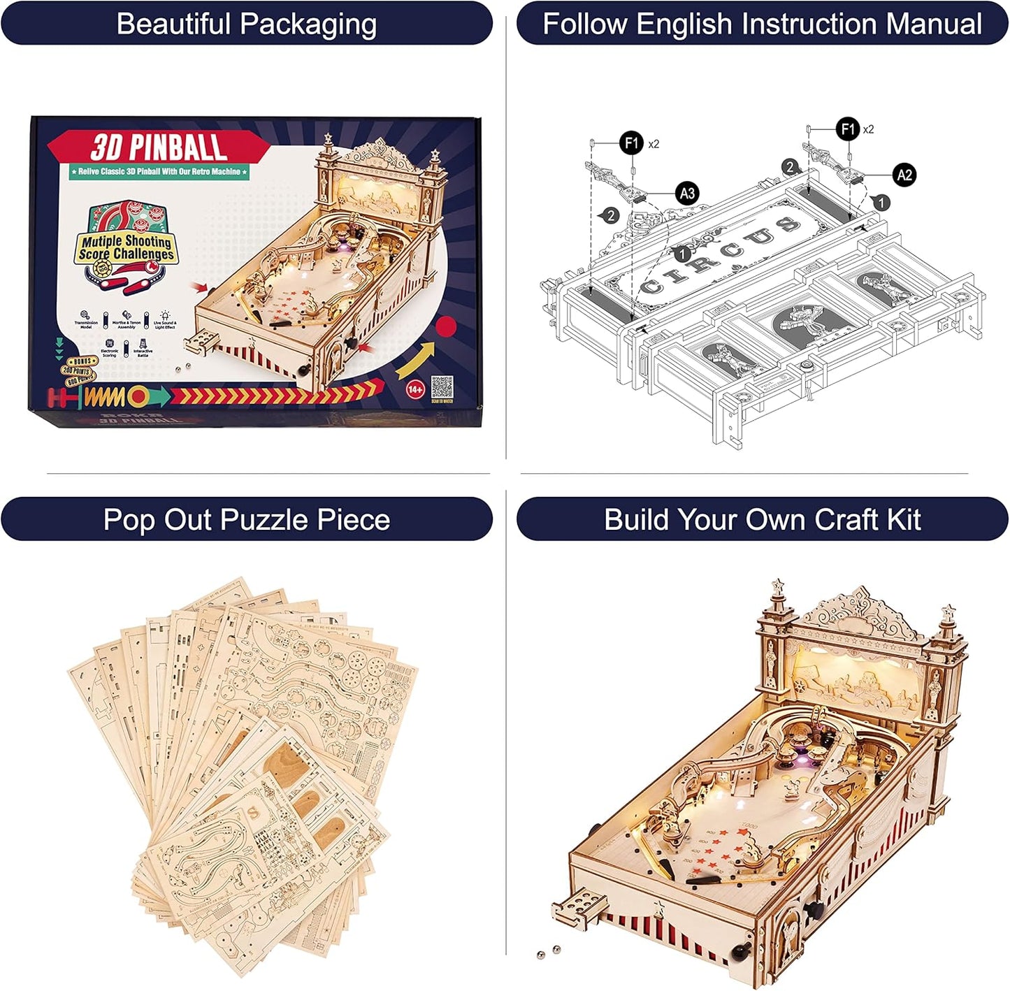Rowood Wooden Puzzles 3D Pinball Machine Mechanical Model Wooden 3D Puzzles for Adults DIY Pinball Game Wooden Puzzle-Model Building Kits Christmas Birthday Gifts for Adult and 14+ Teens