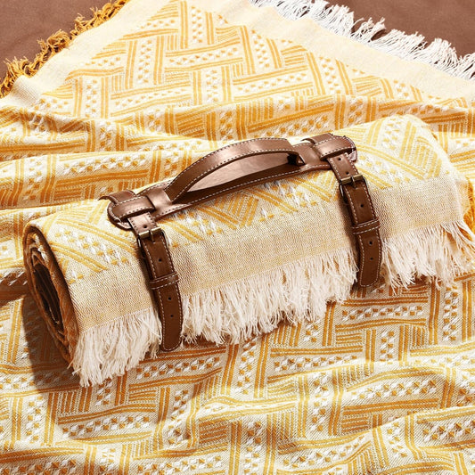 Waterproof Picnic Blankets Outdoor Blanket Foldable 2 in 1 Double Layer Sandproof Beach Mat with Carry Strap for Camping Lawn Park Beach Grass (Yellow White)