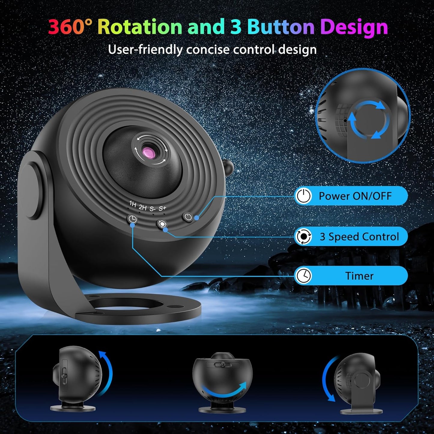 Galaxy Projector for Bedroom, HD Image Star Projector Galaxy Light Adjustable Knob, 13 Film Discs Planetarium Projector for Kids, 360° Rotating 1/2h Timer Simple 3-Button Control