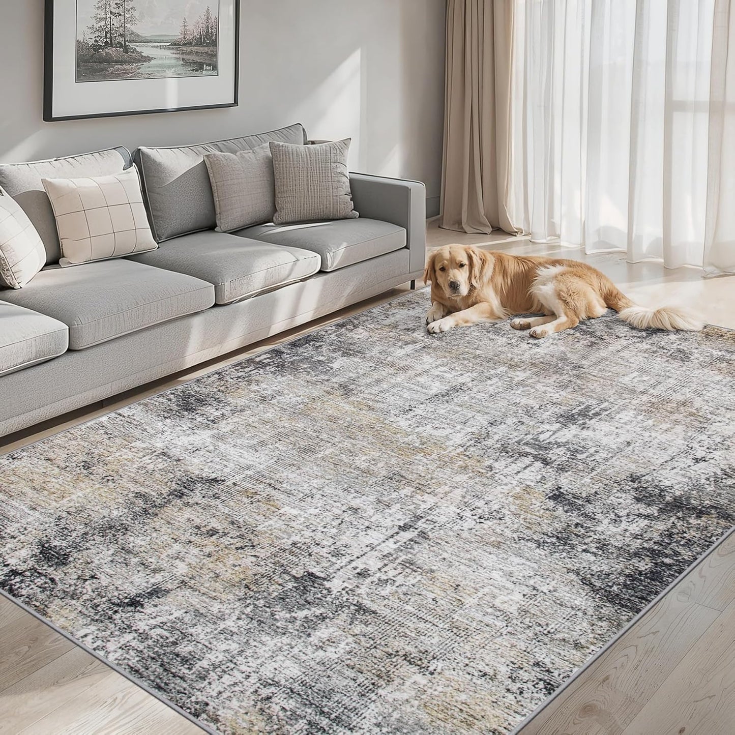 Area Rugs Living Room Rug - 5x7 Washable Modern Abstract Soft Neutral Non-Slip Carpet Large Indoor Floor Thin Carpets for Bedroom Dining Room Farmhouse Nursery Home Office Brown Black Grey