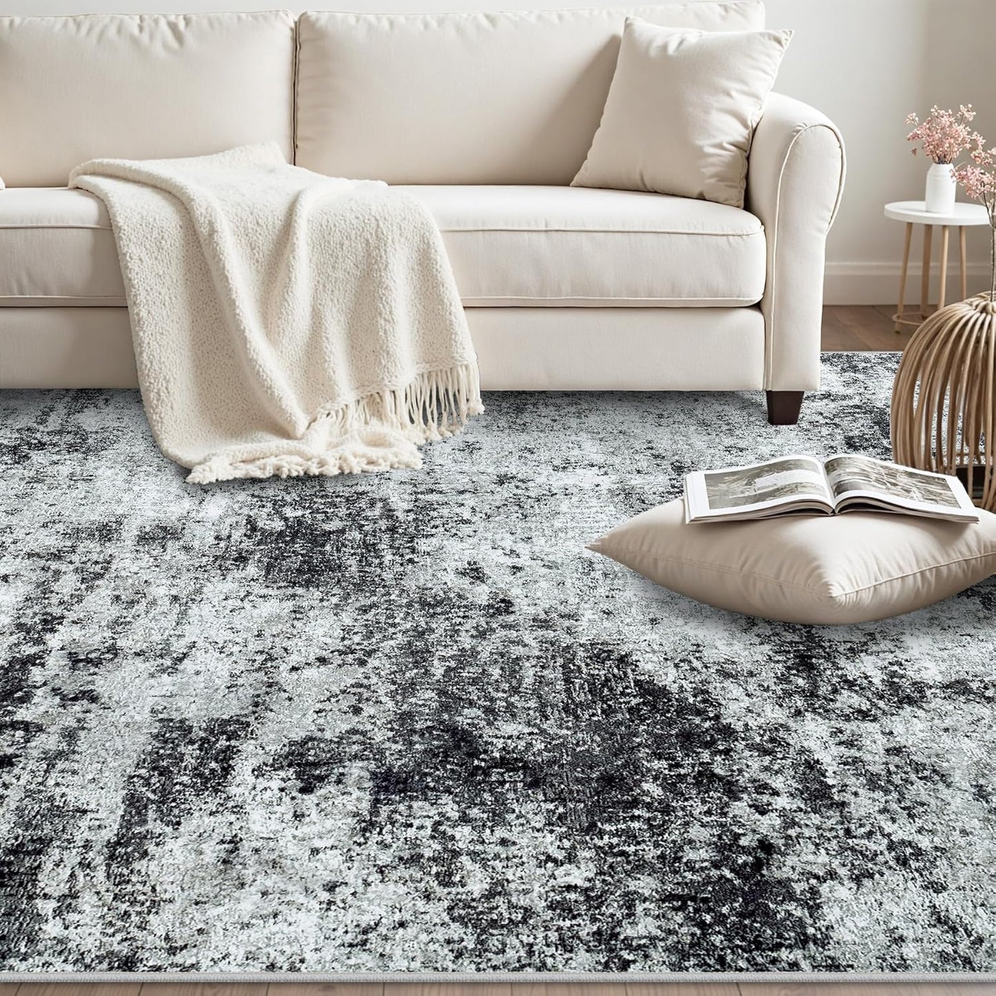 Area Rugs 8x10 Living Room Rugs: Modern Abstract Washable Rug with Non-Slip Backing, Stain Resistant Indoor Floor Large Carpet for Bedroom Dining Room Table Nursery Hallway Home Office Dark Black/Gray