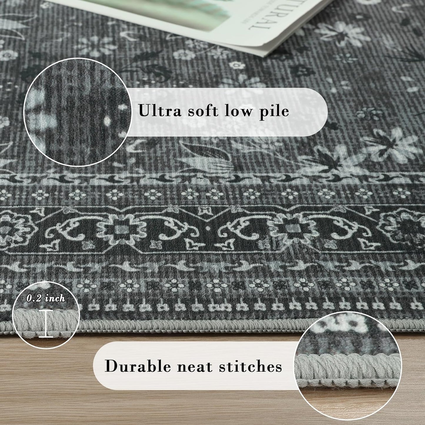 Large 8x10 Washable Area Rug for Living Room, No Shedding Vintage Floral Rugs Non Slip, Indoor Thin Retro Accent Carpet for High Traffic Areas Bedroom Farmhouse Dining Room Black/Gray