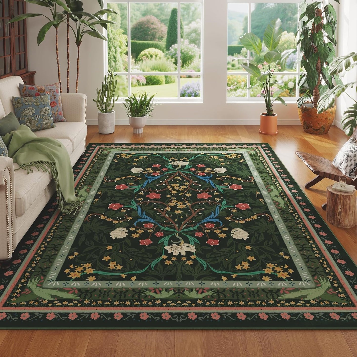 Area Rugs 8x10 for Living Room Clearance Washable Vintage Floral Botanical Rug Non Slip Low Pile Large Rug for Bedroom, Farmhouse, Dining Room, Kids Playroom, Green