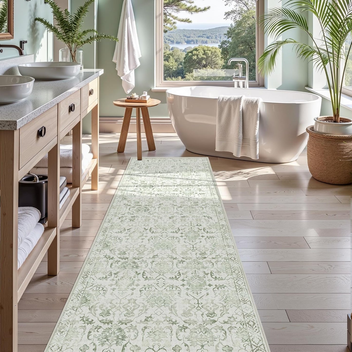 Sage 3x12 Runner Rug for Hallways Bed Side Kitchen, Boho Washable Distressed Low-Pile Floor Entryway Long Bathroom Mat, Non-Slip Laundry Room Washstand Front Carpet 36x144 Inch