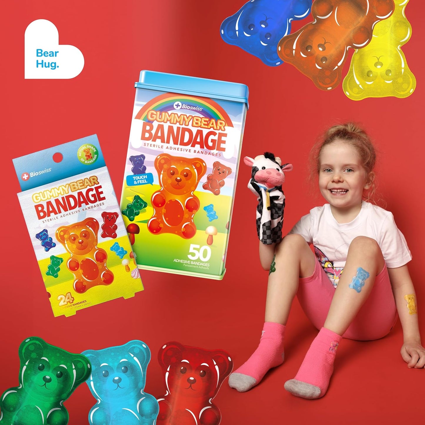 BioSwiss Bandages, Gummy Bear Shaped Self Adhesive Bandage, Latex Free Sterile Wound Care, Fun First Aid Kit Supplies for Kids, 24 Count