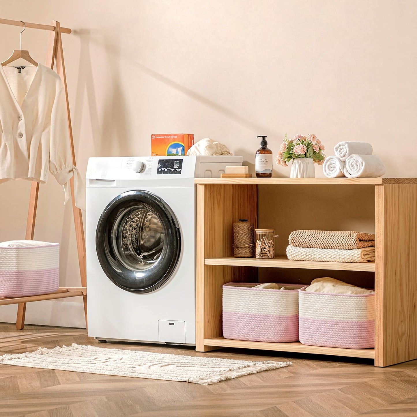 UBBCARE 4 Pack Baskets for Organizing, Woven Storage Baskets for Toys and Towel, Rectangle Cotton Rope Basket with Handles, 15''L x10''W x9''H, Pink