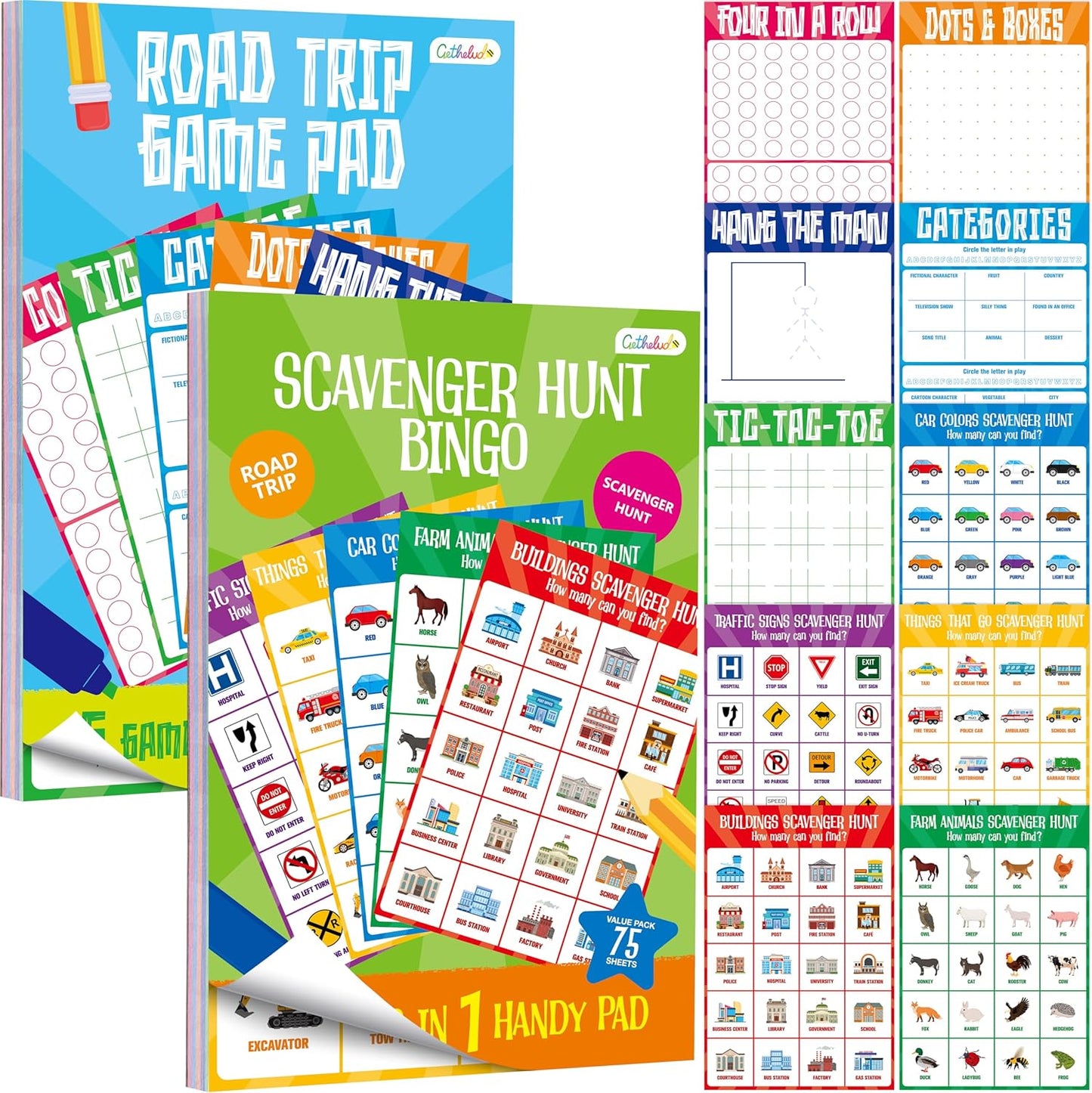 2 Pack Road Trip Game Pads, 10 Games (Categories, Dot & Boxes, Tic-tac-Toe, Scavenger Hunt Bingo), Pen Pencil Paper Game, Plane Trip/Car Travel/Getaway Activity Pad for Kid, Adult