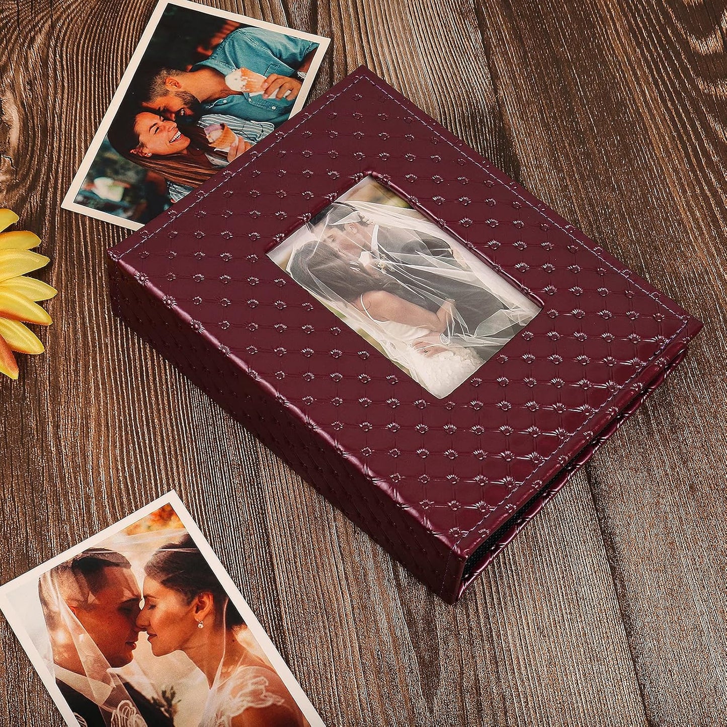 RECUTMS Leather Photo Album Holds 200 4x6 Pictures Window Design Small Family Dog Travel Wedding Album (Wine Red)