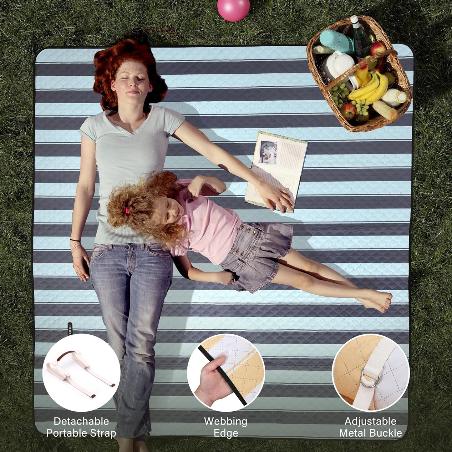 HX&OD Extra Large Picnic Outdoor Blanket, 80”x80” Waterproof Picnic Mat Foldable Camping Blanket Portable with Carry Strap for Beach Mat Outdoor Camping Party(Grey&Green)