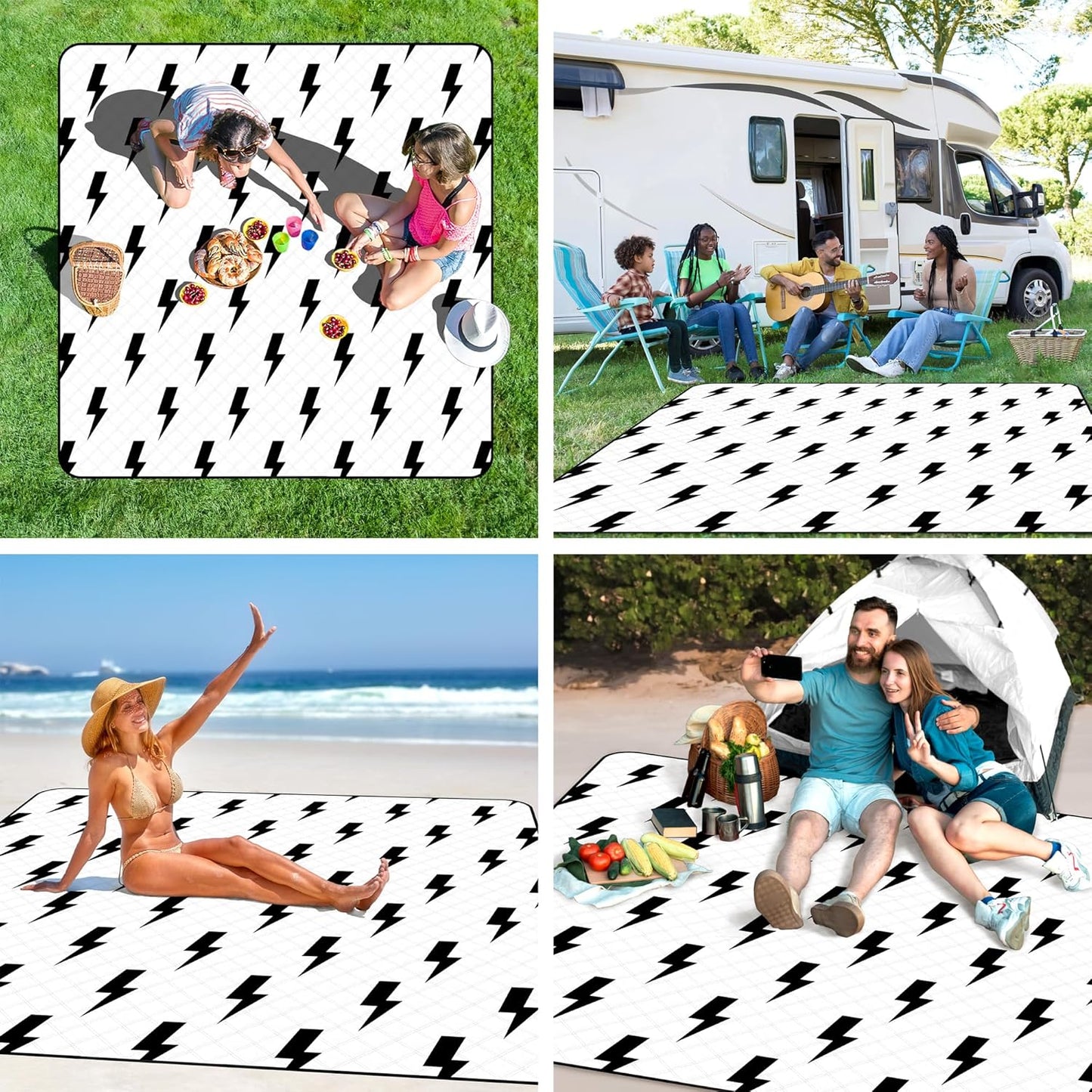 79''x79'' Extra Large Picnic Blankets, Waterproof Sandproof Foldable Outdoor Picnic Mat, Portable 3-Layer Fabric Beach Blanket for Camping, Park, Travel, Family Friends-Stylish Lightning Pattern
