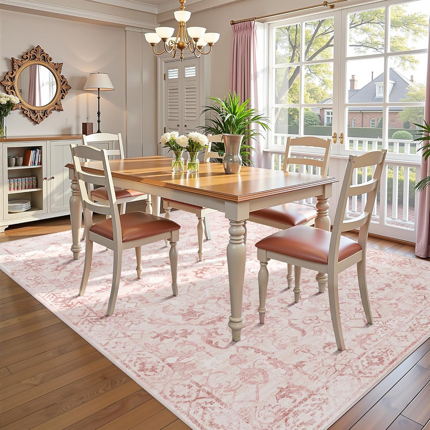 Pink Area Rugs 5x7 Rugs for Living Room, Machine Washable Rugs for Bedroom, Distressed Vintage Living Room Rug, Rug Non Slip Carpet Cream Green Area Rug for Dining Room Office