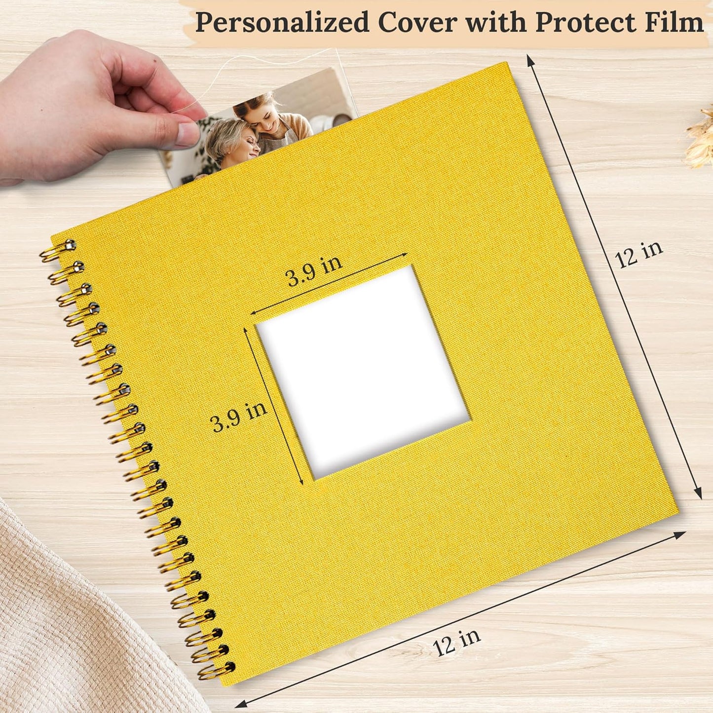 Scrapbook Photo Album Linen Cover, 12 x 12 Inch Hardcover Kraft White Pages Memory Book, for Travel Wedding Guest Book Christmas Baby Shower (40 Sheets/ 80 Pages,Yellow)