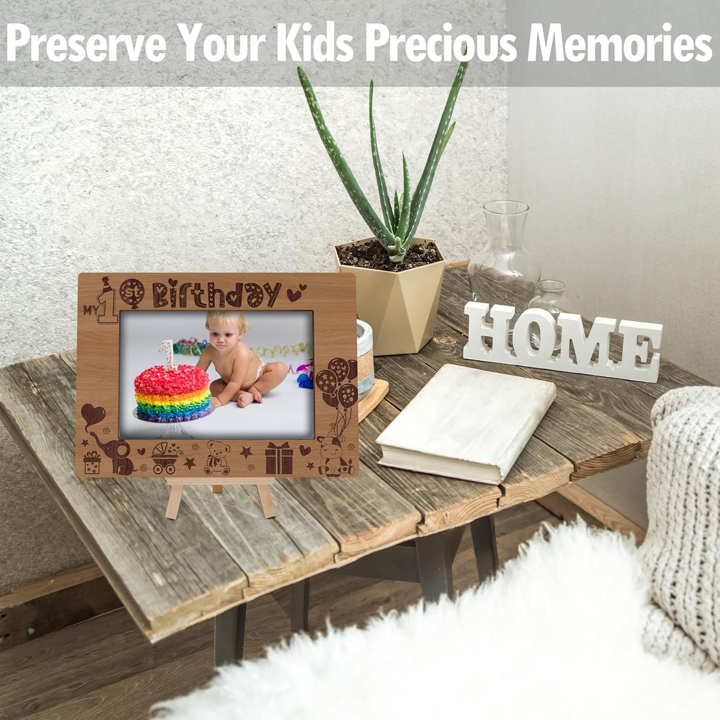 My 1st Birthday Picture Frames, Natural Wooden 4x6 Photo Frame with Easel, Baby First Year Birthday Gifts for Home Office Tabletop Display - G10