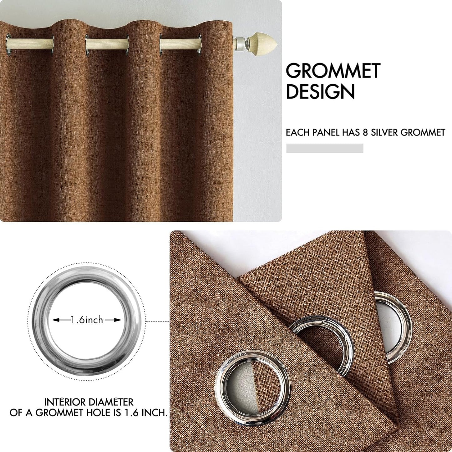 MIULEE 100% Blackout Linen Curtains for Bedroom Thermal Insulated Brown Grommet Room Darkening Curtains & Drapes Fall Decor for Living Room Nursery 52 x 84 Inch (2 Panels)