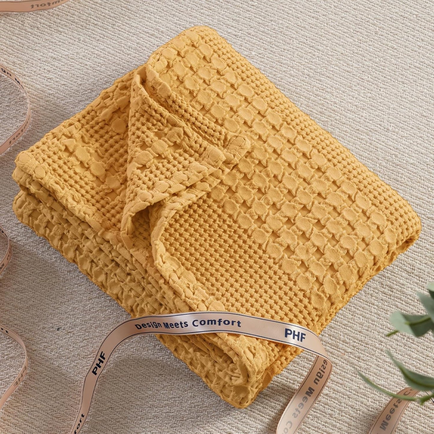 PHF 100% Cotton Waffle Weave Throw Blanket, Soft Lightweight Breathable Cozy Summer Throws for Couch Bed Sofa, Luxury Aesthetic Woven Blanket for Home Decor & Office, 50"x60", Ginger/Honey Yellow