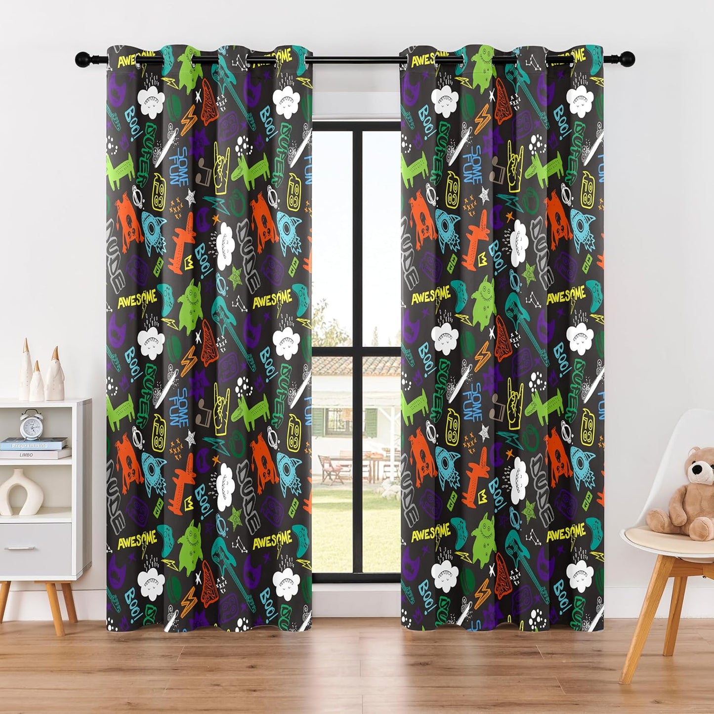 Kids Teen Graffiti Space Blackout Curtains - 100% Blackout, Thermal Insulated, Noise Reducing, Perfect for Kids Room and Nursery, 2 Panels (Graffiti Space Vibes, W52×L84)
