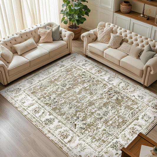 jinchan 8x10 Area Rugs for Living Room - Machine Washable Vintage Floral Distressed Design Stain Resistant Boho Carpet Low Pile Non-Slip Rug for Bedroom Dining Room Home Office (8‘x10',Taupe)