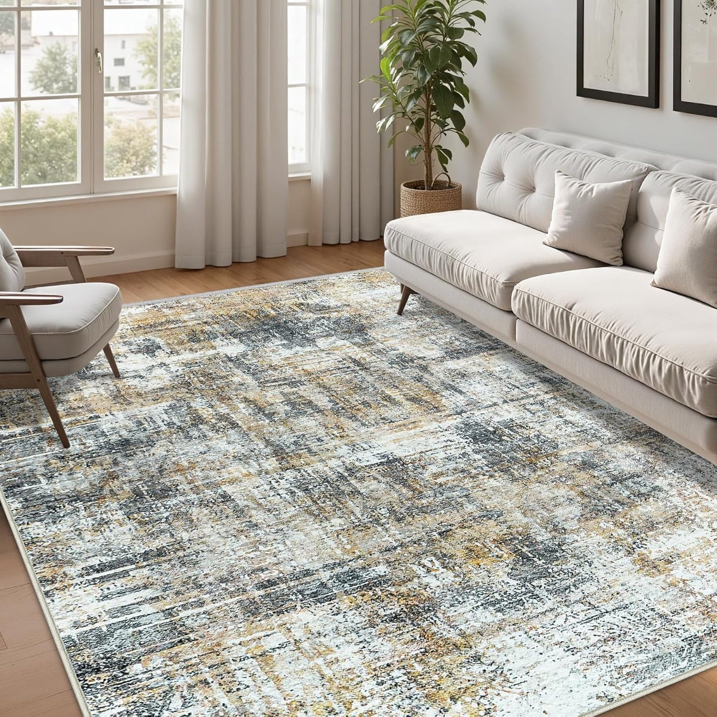 Washable Rug 6x9 Area Rugs: Abstract Washable Rugs with Non-Slip Backing, Stain Resistant Indoor Floor Carpet for Bedroom Dining Room Table Nursery Hallway Home Office Brown/Gray