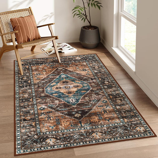 Lahome Washable Living Room Area Rug - 3x5 Non-Slip Ultra-Thin Rugs for Entryway, Throw Small Stain Resistant Kitchen Rugs, Vintage Medallion Print Carpet Rug for Office Bedroom Laundry Room Office