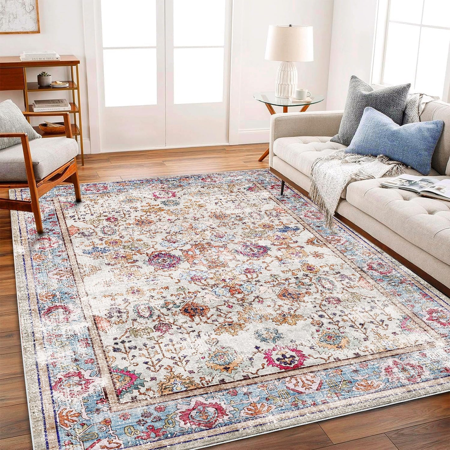 Washable Area Rug 8'x10' Vintage Traditional Mat Distressed Indoor Foldable Accent Thin Rug Retro Floral Non Slip Carpet Living Room Dining Room Office