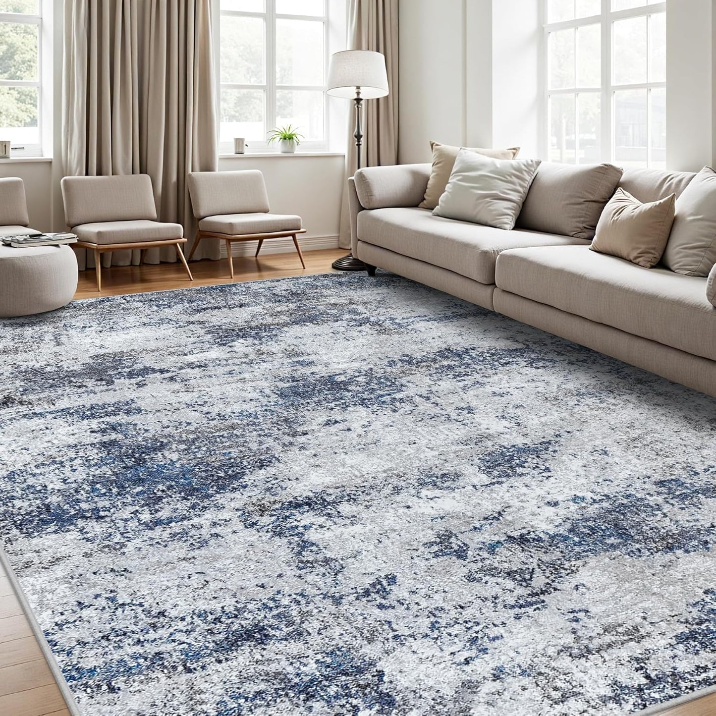 Area Rug 9x12 Washable Rugs: Abstract Large Living Room Rugs with Non-Slip Backing, Stain Resistant Indoor Floor Carpet for Bedroom Dining Room Table Nursery Hallway Home Office Blue/Gray/Black