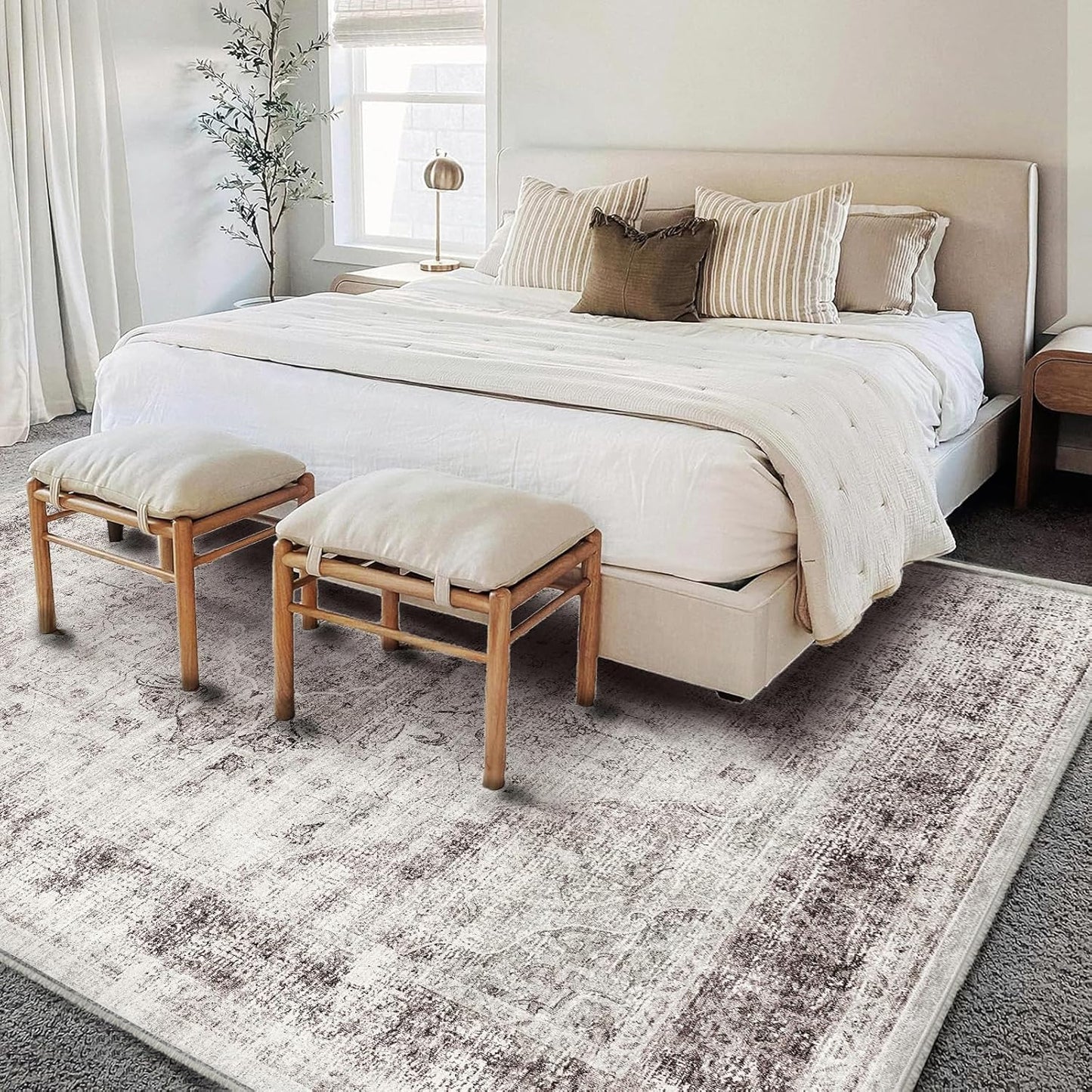 Washable Area Rug 8'x10' Floral red Boho Design Non-Shedding Non-Slip Easy Care Ideal for High Traffic Areas in Living Room Bedroom Office Coffee Table Kitchen Large Carpet