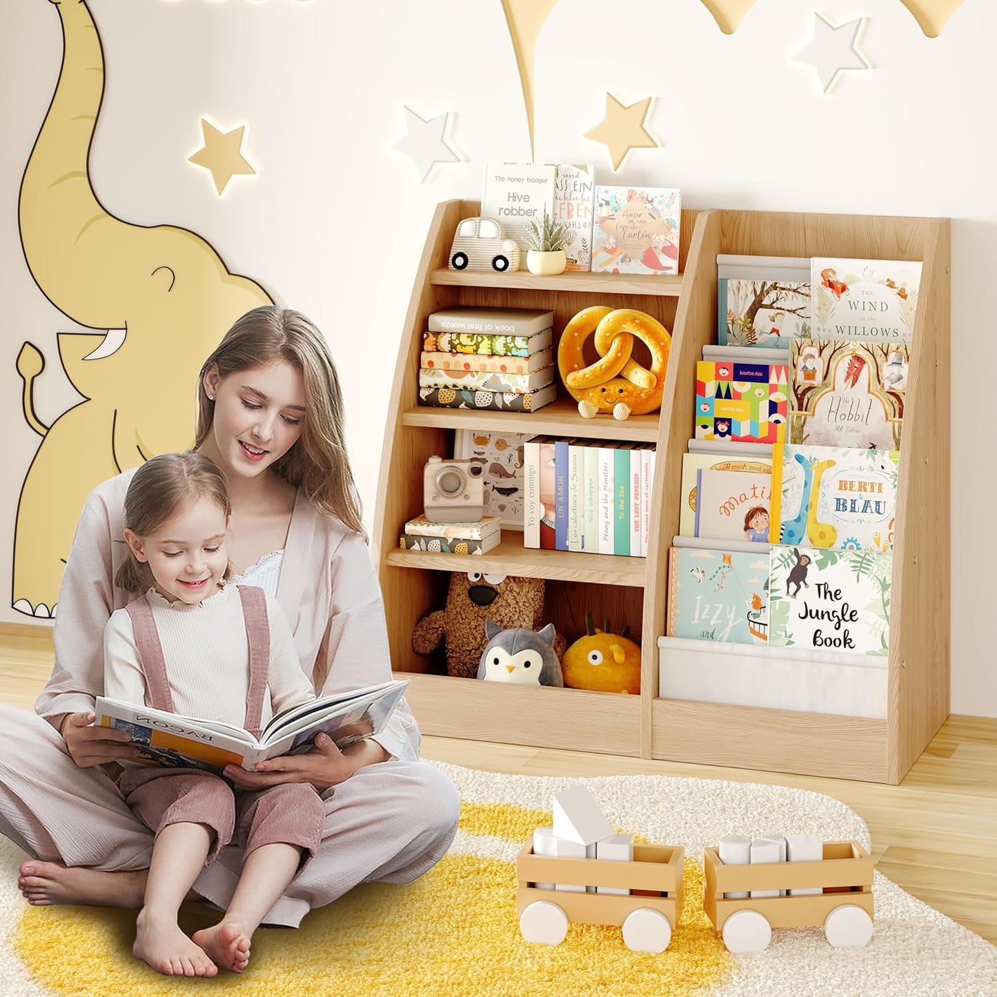 4 Tier Kids Bookshelf Set of 2,4 Layer Sling Kids Book Shelf for Kids Rooms,Wood Children Bookcase,Baby Storage Book Rack,Toddler Bookshelf, Book and Toy Organizer,Book Display Shelf for Nursery