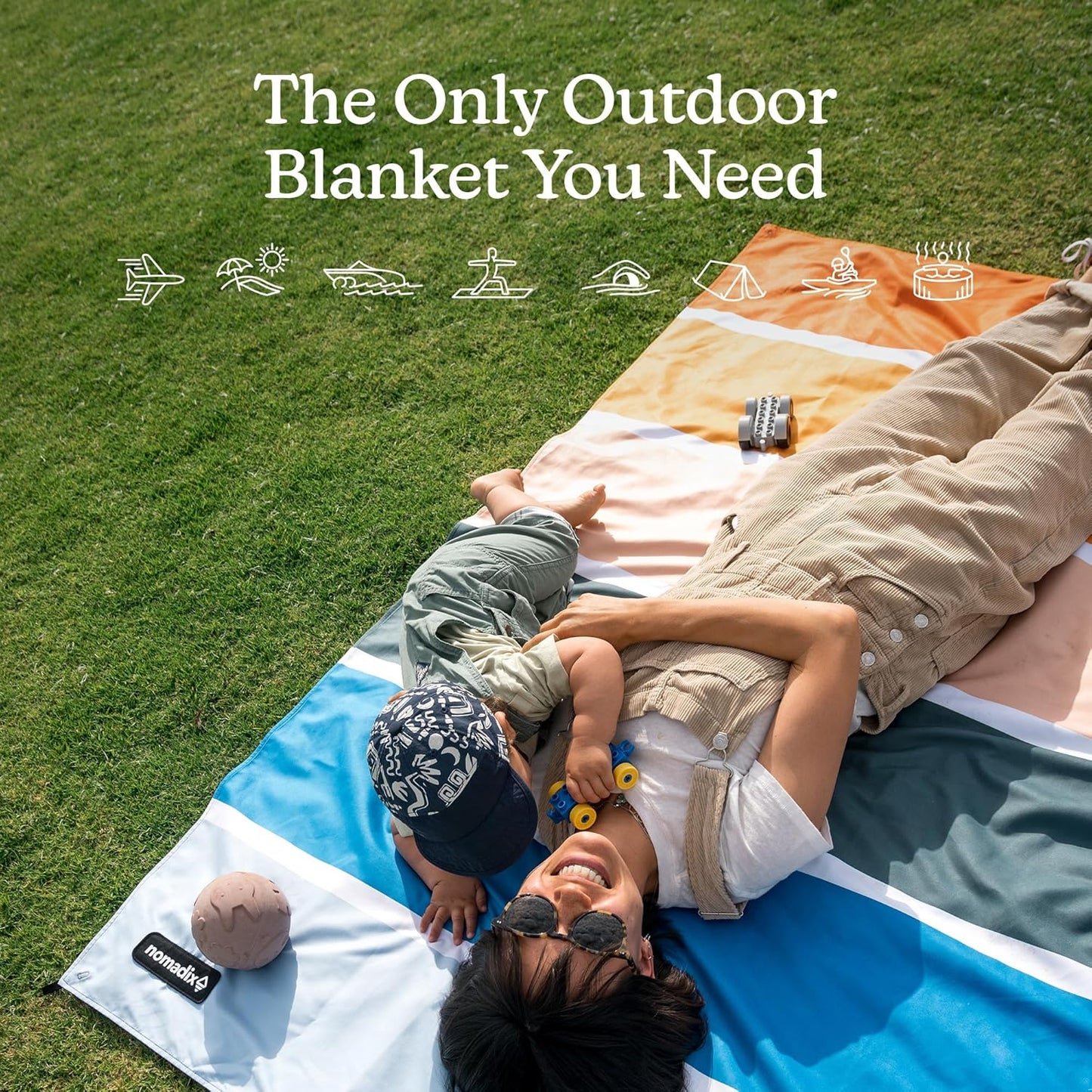 Nomadix Festival Blanket - Perfect for Picnics, Camping, & Lawn Seating - Plush Top & Water Resistant Base - Made with Post Consumer Recycled Materials - Stripes Retro - 60:x 70"