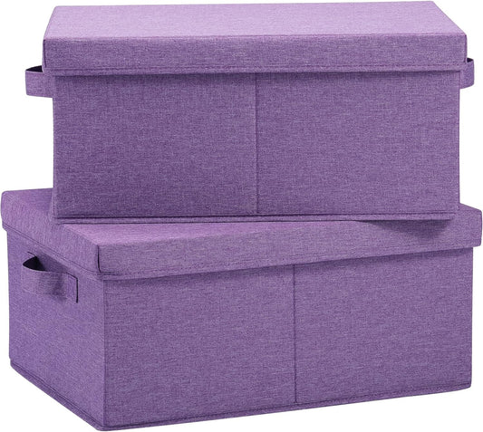 HOONEX Foldable Storage Bins with Lids, Pack of 2, Storage Boxes with 2 Carrying Handles and Sturdy Heavy Cardboard, 16.5" L x 11.8" W x 7.5" H for Shoes, Books, Clothes, Purple