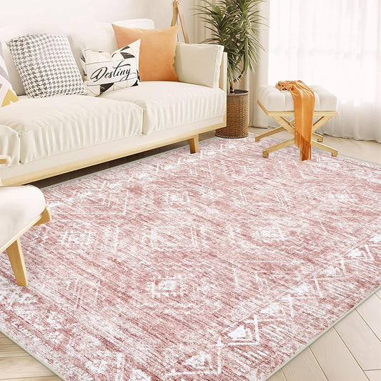 Moroccan Large Area Rug 6x9 - Soft Machine Washable Geometric Boho Distressed Farmhouse Rug Morden Stain Resistant Indoor Floor Carpet for Bedroom Dining Table Nursery Home Office(6'x9',Pink)