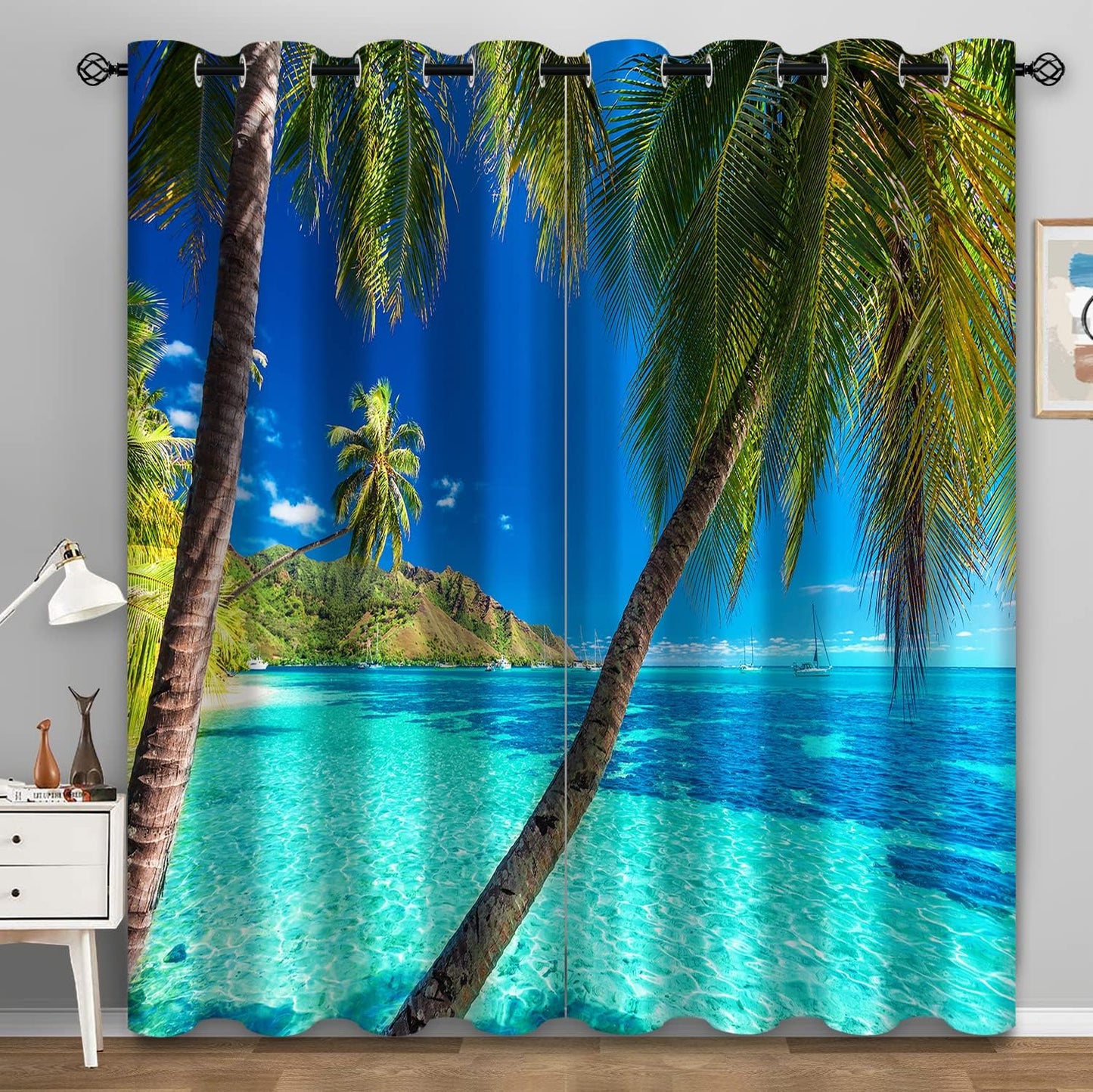 Aimego Palm Trees Blackout Curtains Blue Ocean Tropical Hawaiian Scenery Window Drapes Decor for Bedroom Living Room Grommet Top Room Darkening Curtains 2 Panel Set, 52"X63"