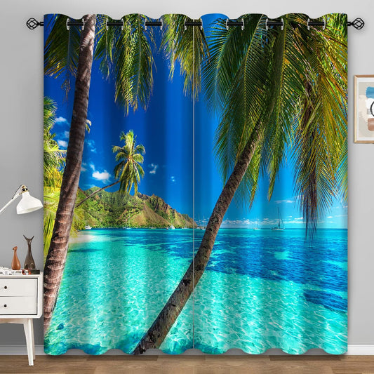 Aimego Palm Trees Blackout Curtains Blue Ocean Tropical Hawaiian Scenery Window Drapes Decor for Bedroom Living Room Grommet Top Room Darkening Curtains 2 Panel Set, 52"X63"