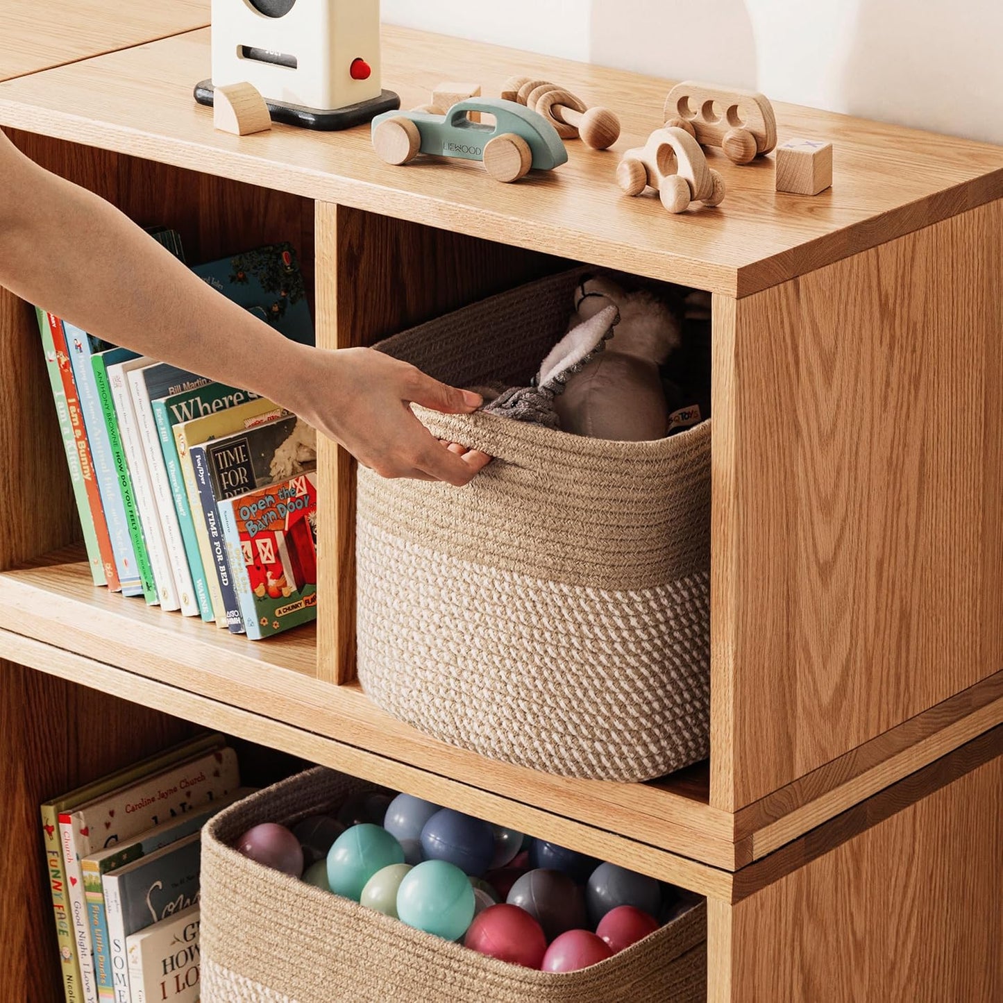 UBBCARE 4 Pack Baskets for Organizing, Woven Storage Baskets for Toys and Towel, Rectangle Cotton Rope Basket with Handles, 15''L x10''W x9''H, Mixed Brown