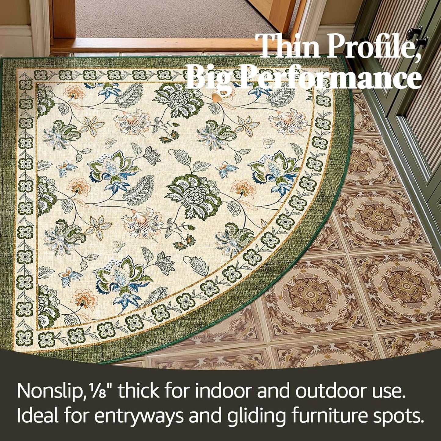 jinchan Floral Corner Rug for Entryway Washable Kitchen Rug Vintage Romance Design Non Slip Quarter Circle Lightweight Low-Pile Throw Carpet for Playroom Reading Nook Nursery, 4ft Radius, Green/Beige