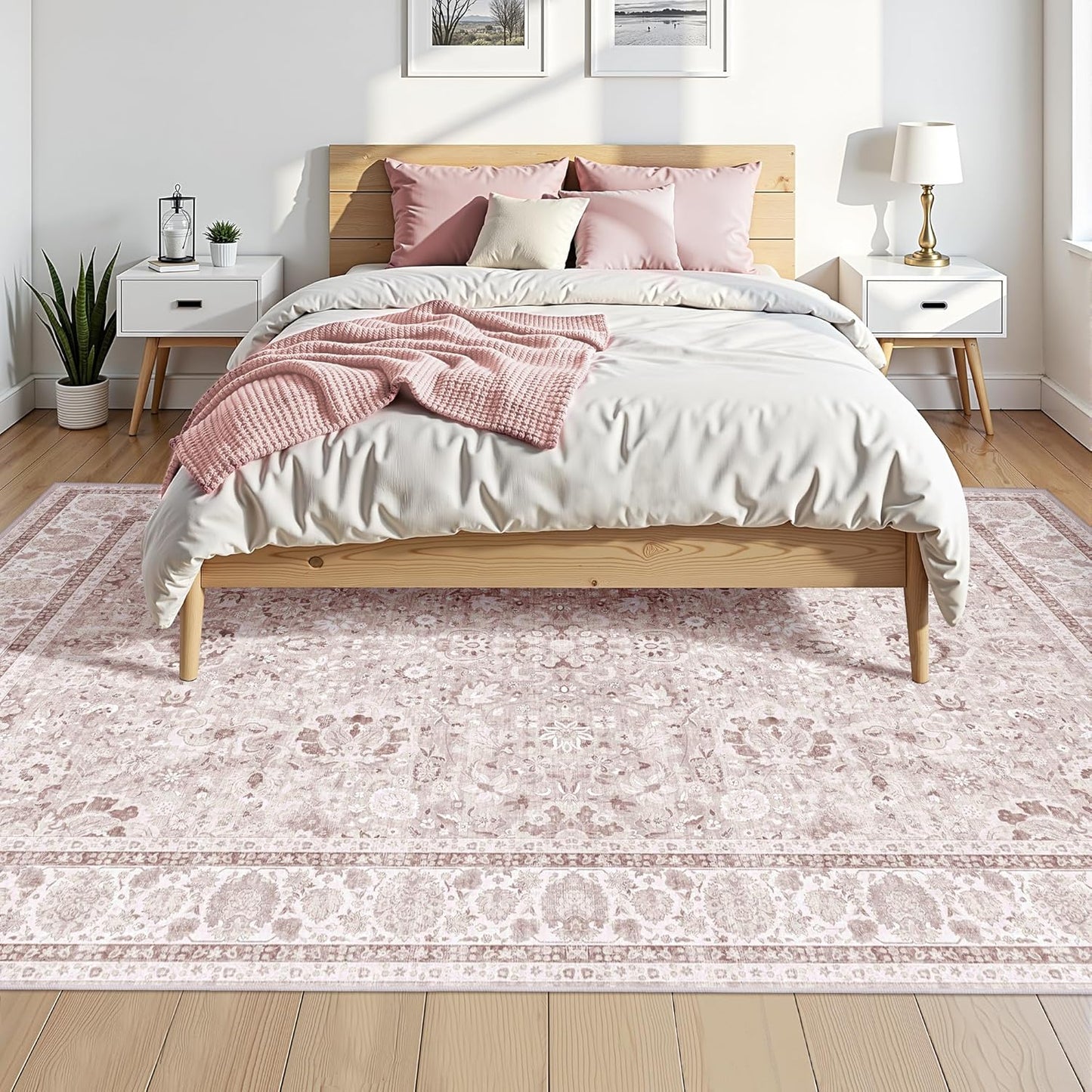 Pink Nursery Rug Large Area Rugs for Living Room Vintage Rug Boho Floral Washable Area Rugs 8x10 Indoor Carpet for Bedroom Dining Room Kids Room