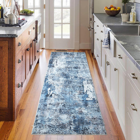 Runner Rug 2'6''x8' Hallway Washable Boho Soft Area Rug Abstract Pattern Non-Slip Faux Wool Vintage for Kitchen, Entryway, Laundry, Bedroom, Blue
