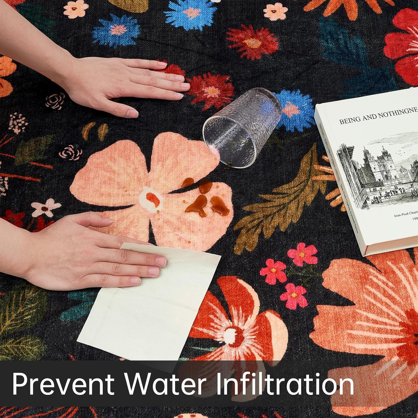 6x9 Living Room Rug Machine Washable Soft Faux Fur Low Pile Vintage Floral Modern Carpet Rugs Boho Non Slip Sound Absorbing Big Area Rugs for Bedroom Office Patio Dining Room Nursery Kids Room,Black