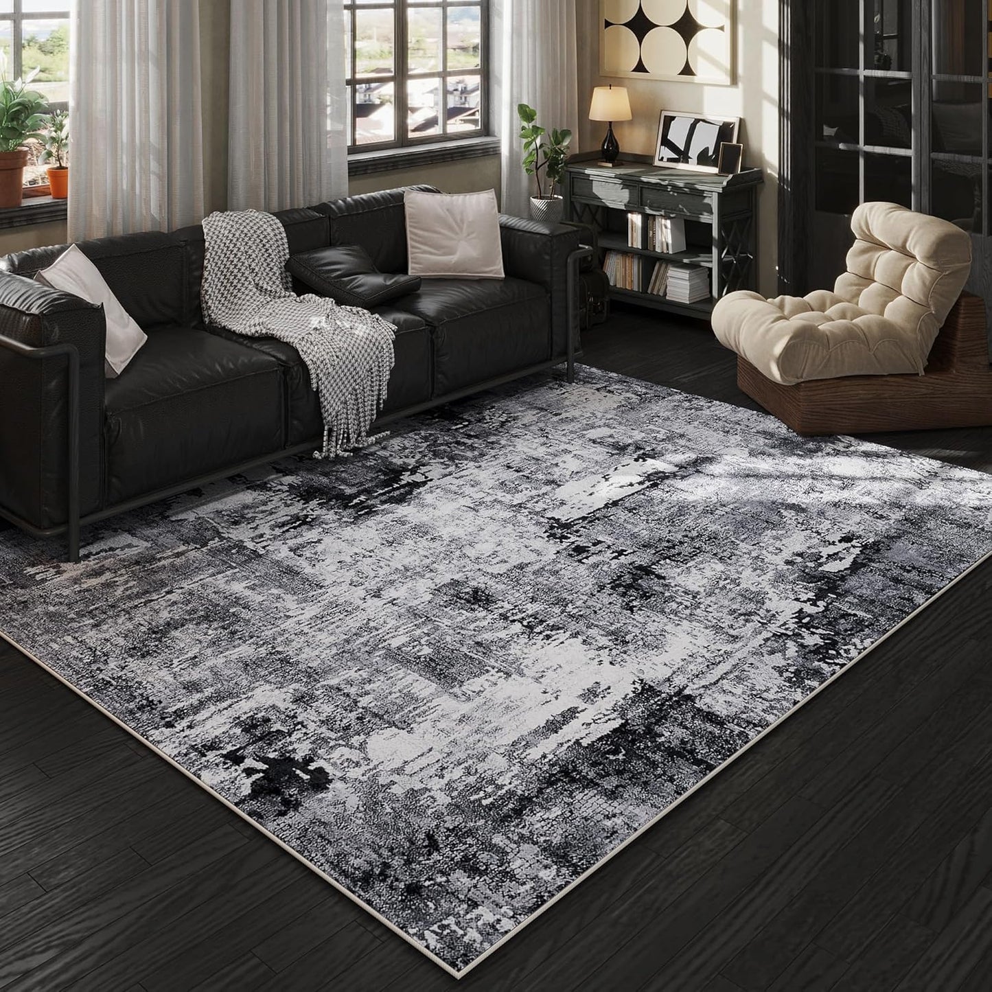 Area Rug 5x7 Washable Rug Boho Soft Abstract Pattern Non-Slip Faux Wool Vintage for Living Room, Bedroom, Farmhouse, Dining Room, Kids Playroom, Grey and Black