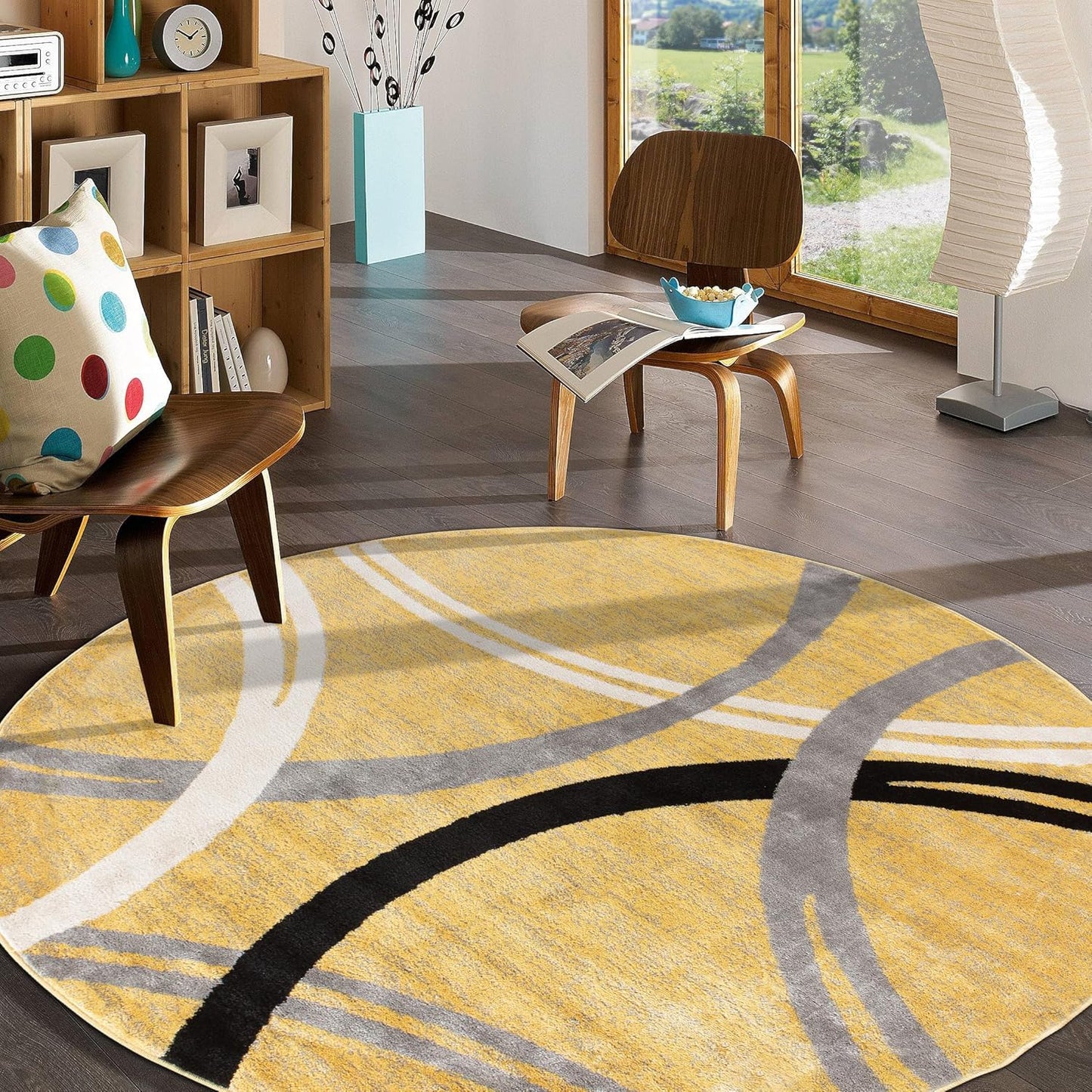 Rugshop Modern Wavy Circles Design Round Rug 6' 6" (6' 6" Diameter) Yellow