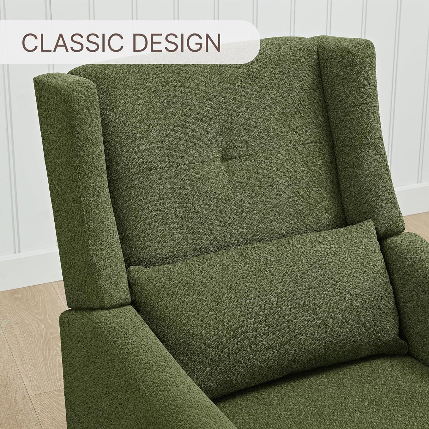 Upholstered Recliner Swivel Glider Nursery Chair Reclining Performance Fabric Rocker with Wood Base,Boucle,Moss Green