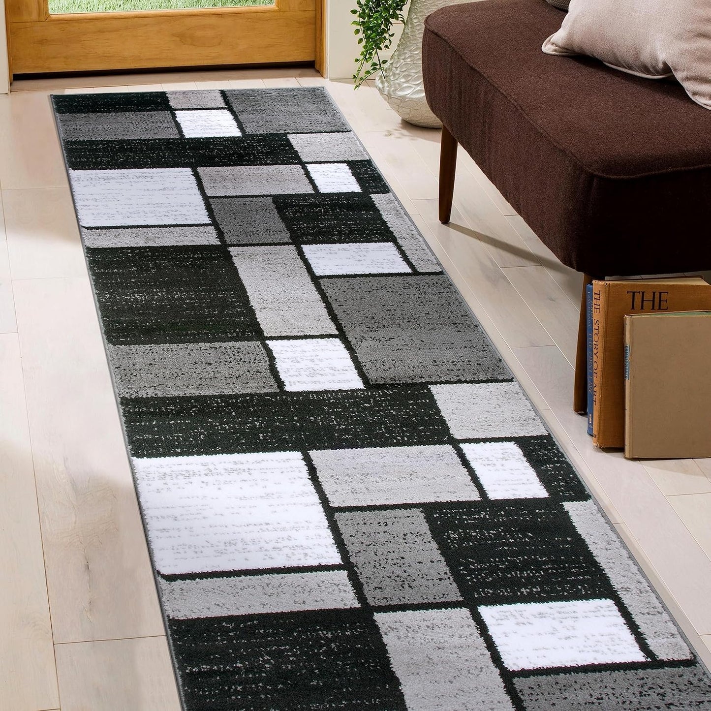 Contemporary Modern Boxes Grey Area Rug Runner 2' x 7' 2"