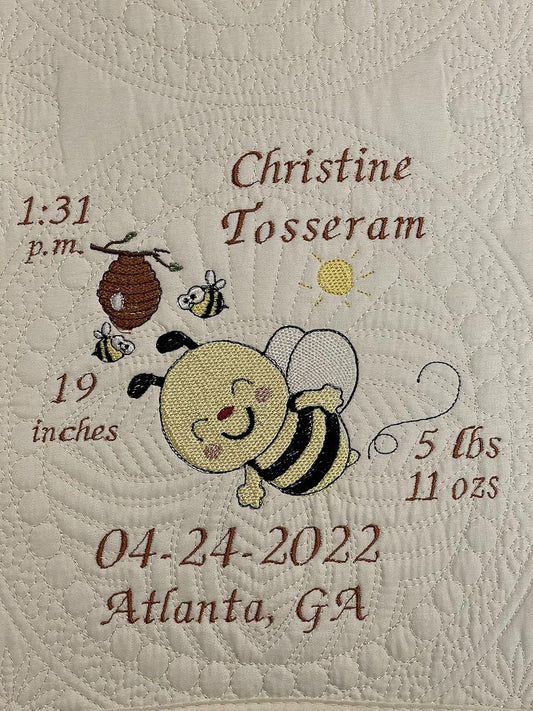 Personalized Baby Blanket Quilt | Monogrammed Blankets for Boys and Girls | Embroidered Baby Gifts | (Honeybee)