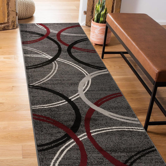 Rugshop Modern Wavy Circles Design Runner Rug 2' x 10' Red