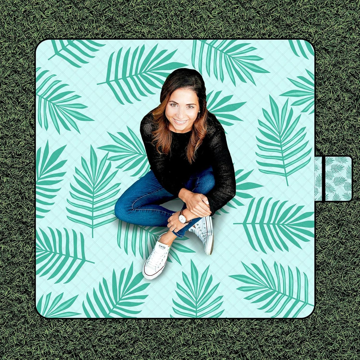 Picnic Blankets Waterproof Sandproof, 79''x79'' Extra Large Foldable & Portable Beach Blanket, 3-Layer Fabric Outdoor Mat for Family Camping, Park, Travel, Grass Lawn, Adults & Kids-Tropical Fern